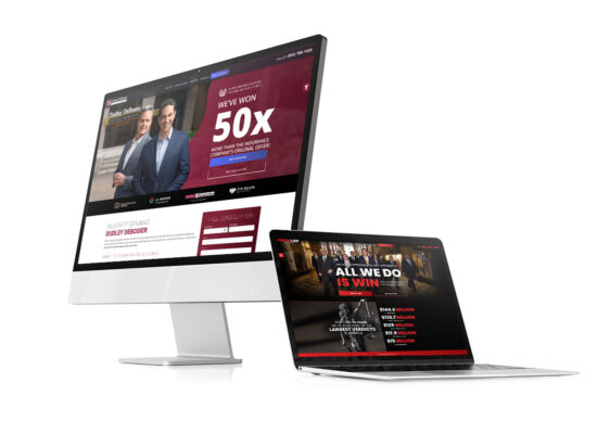 Desktop and laptop showcasing personal injury law firm websites with attorneys, case results, and consultation form.