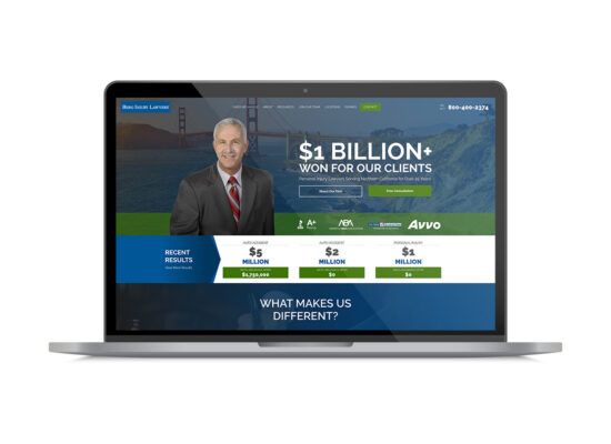 Laptop displaying personal injury law firm website with suited lawyer, $1B+ won for clients, Golden Gate Bridge backdrop.