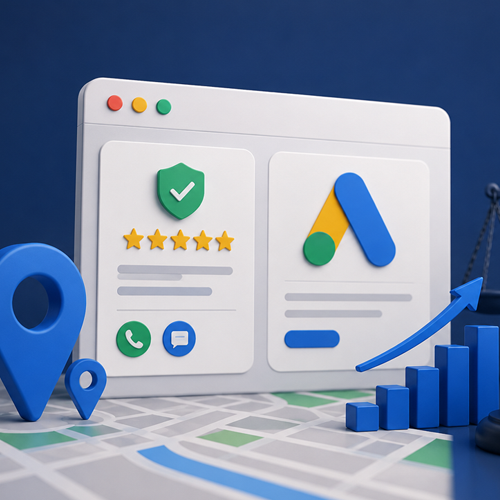 3D illustration of local SEO and Google Ads dashboard with reviews, map pin, bar chart, and upward arrow showing PPC growth.