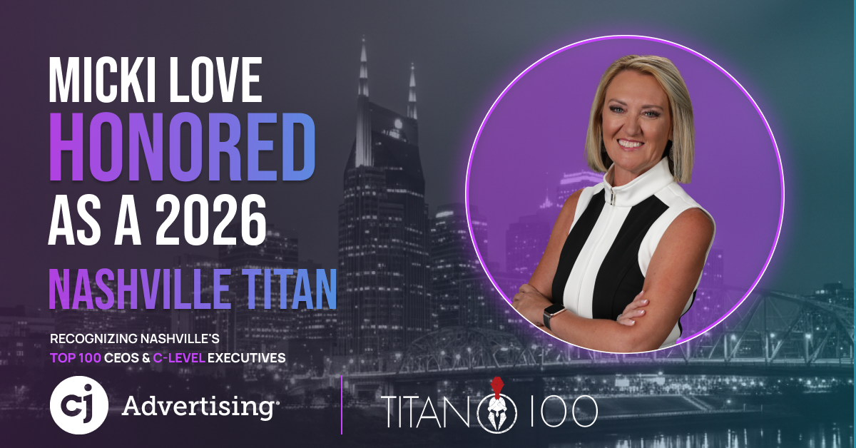 Female executive honored as 2026 Nashville Titan; cj Advertising, Titan 100 Top 100 CEOs announcement over city skyline.