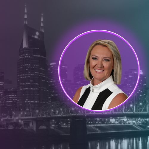 Smiling blonde professional woman portrait over Nashville skyline at night with neon circle frame.