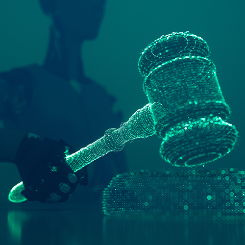 Robotic hand wields glowing digital gavel, symbolizing AI governance, cyber law, and future justice in a futuristic scene.