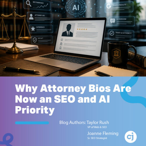 Law firm desk with laptop showing attorney bio, AI and SEO icons; text: Why Attorney Bios Are Now an SEO and AI Priority.