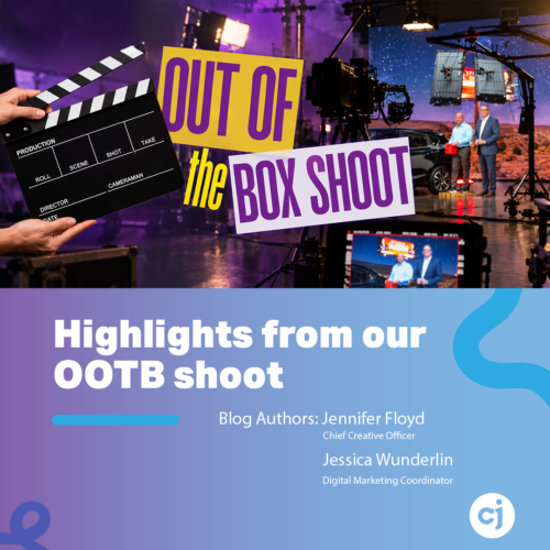 Behind-the-scenes video shoot with clapperboard, cameras, and two presenters by a car—Out of the Box shoot highlights.